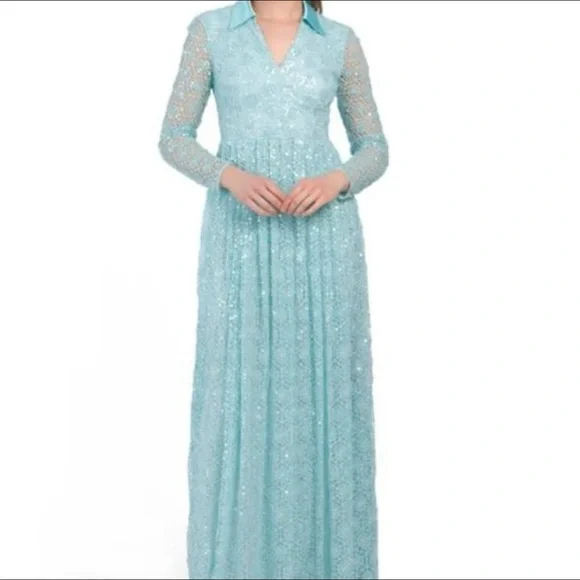 Mikael Aghal Teal Blue Embroidered Lace Dress Long Sleeve Size 6